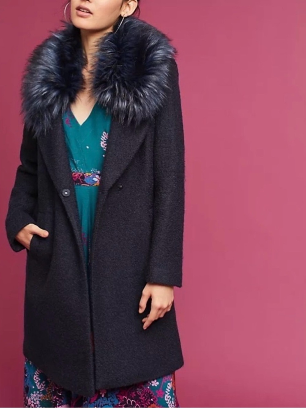 Novara Navy Wool Blend Pea Coat with Plush Faux Fur Collar from Anthropologie